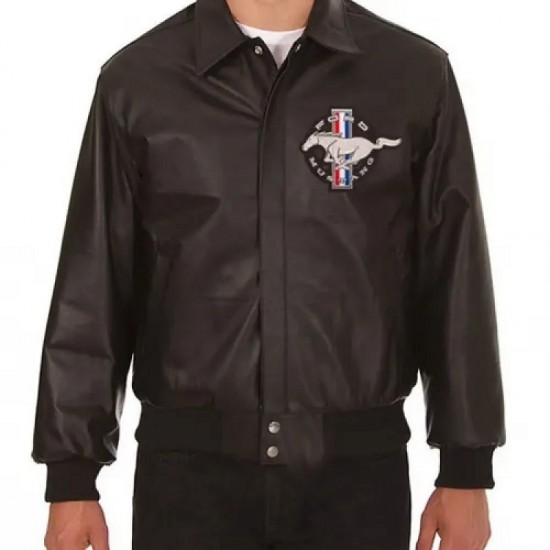 Embroidered Ford Mustang Bomber Black Leather Jacket Embroidered Ford Mustang Bomber Black Leather Jacket