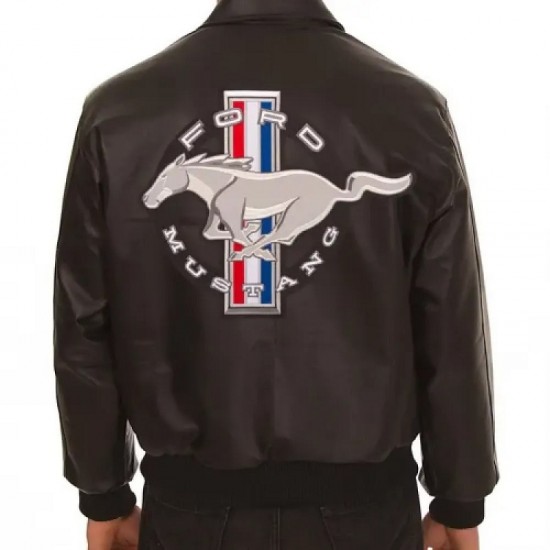 Embroidered Ford Mustang Bomber Black Leather Jacket Embroidered Ford Mustang Bomber Black Leather Jacket