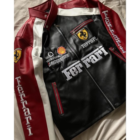 Ferrari Black & Maroon Leather Racing Jacket Ferrari Black & Maroon Leather Racing Jacket