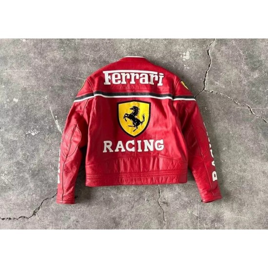 Ferrari Vintage Motorbike Red Leather Jacket