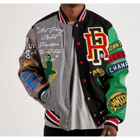 First Row Men's Chenille Patches At Front Varsity Jacket First Row Men's Chenille Patches At Front Varsity Jacket