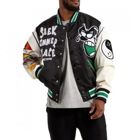 First Row Seek Inner Peace Satin Varsity Jacket First Row Seek Inner Peace Satin Varsity Jacket