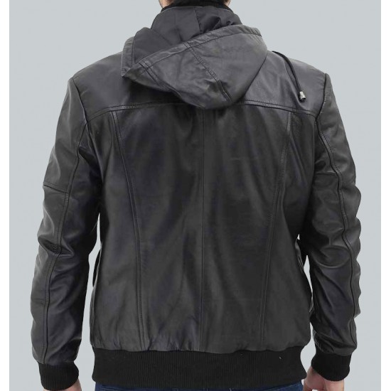Frank Men's Black Leather Hooded Bomber Jacket Frank Men's Black Leather Hooded Bomber Jacket