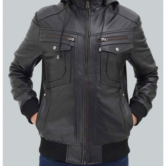 Frank Men's Black Leather Hooded Bomber Jacket Frank Men's Black Leather Hooded Bomber Jacket