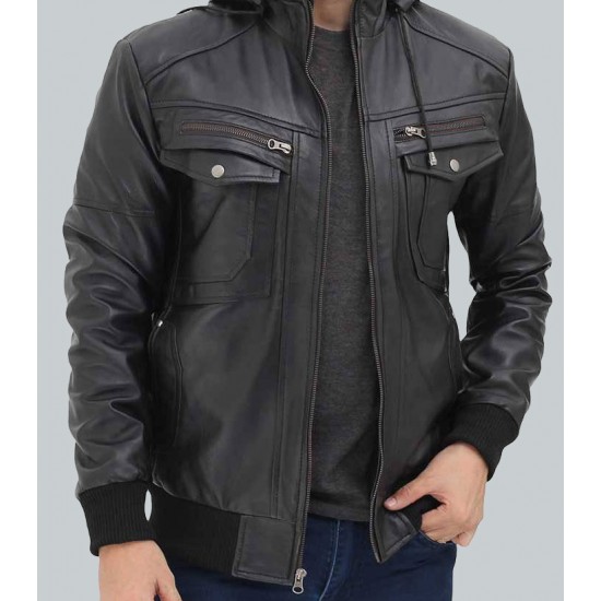 Frank Men's Black Leather Hooded Bomber Jacket Frank Men's Black Leather Hooded Bomber Jacket