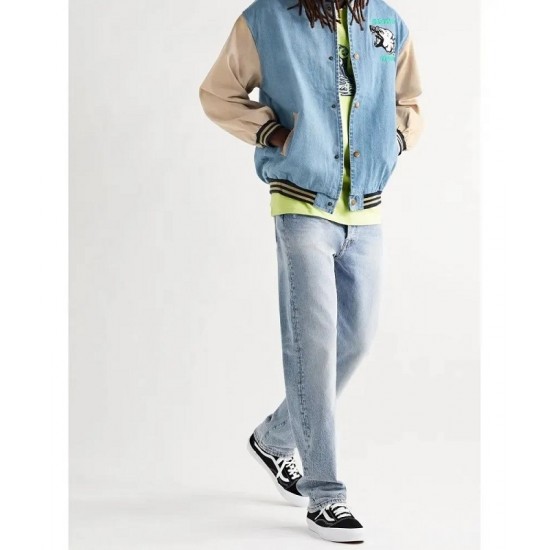 Friends With Animals Denim Varsity Jacket Friends With Animals Denim Varsity Jacket