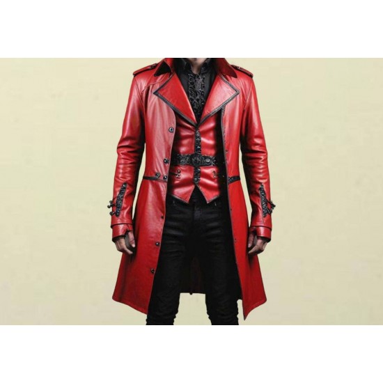 Genuine Leather Men’s Red Coat Handmade Gothic Leather Jacket for Men