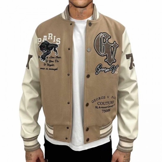George V Panther Beige Wool Varsity Jacket George V Panther Beige Wool Varsity Jacket