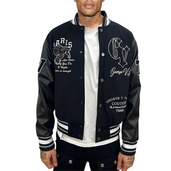 George V Panther Black Wool Varsity Jacket George V Panther Black Wool Varsity Jacket