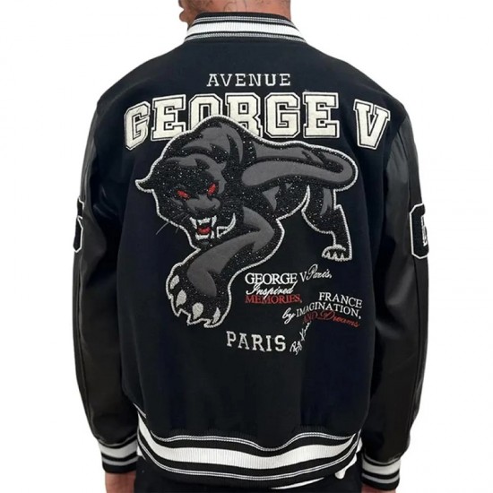George V Panther Black Wool Varsity Jacket George V Panther Black Wool Varsity Jacket