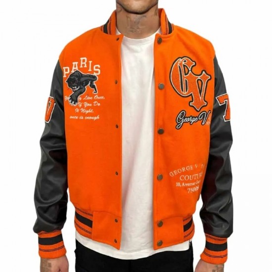George V Panther Orange Wool Varsity Jacket George V Panther Orange Wool Varsity Jacket