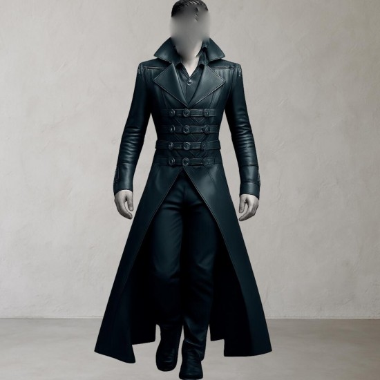 Gothic Steampunk Men Black Leather Trench Coat