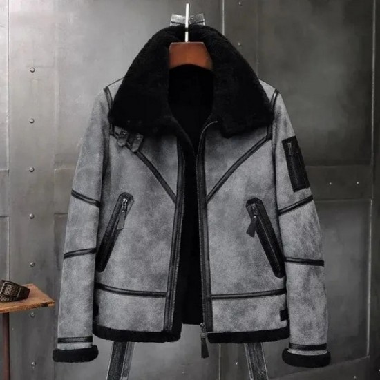 Grey Black Shearling Fur B3 Bomber Genuine Leather Jacket Grey Black Shearling Fur B3 Bomber Genuine Leather Jacket