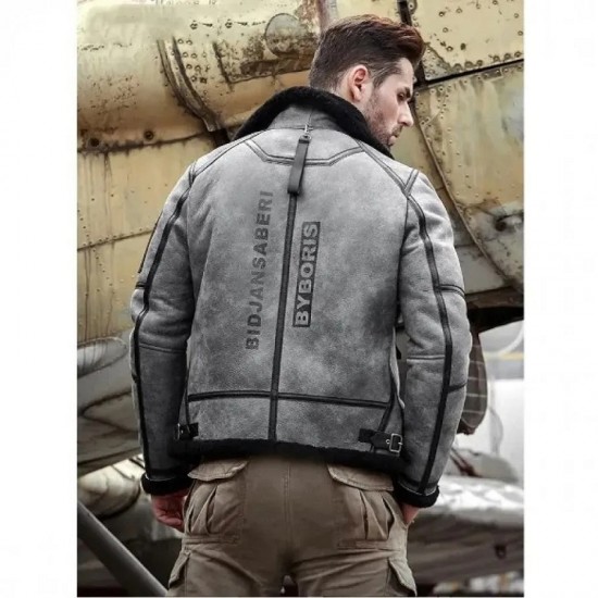 Grey Black Shearling Fur B3 Bomber Genuine Leather Jacket Grey Black Shearling Fur B3 Bomber Genuine Leather Jacket
