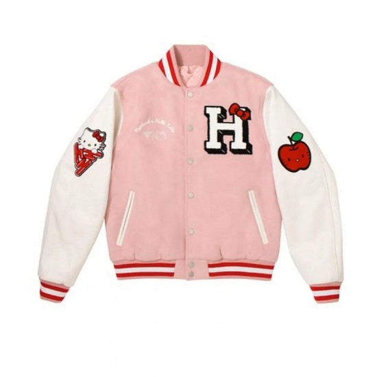 Hello Kitty Apples Wool Pink Varsity Jacket Hello Kitty Apples Wool Pink Varsity Jacket