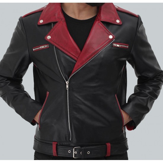 Jimmy Men's Black And Maroon Moto Jacket Jimmy Men's Black And Maroon Moto Jacket