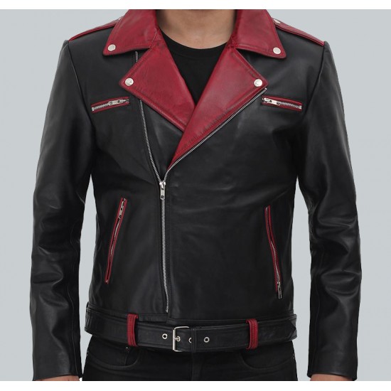 Jimmy Men's Black And Maroon Moto Jacket Jimmy Men's Black And Maroon Moto Jacket