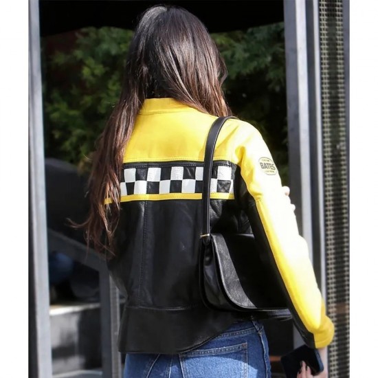 Kendall Jenner Race Flag Cafe Racer Leather Jacket Kendall Jenner Race Flag Cafe Racer Leather Jacket