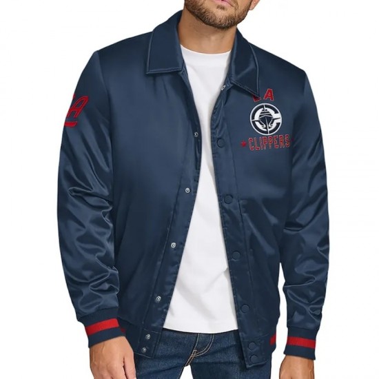 LA Clippers Stitch Applique Navy Satin Jacket LA Clippers Stitch Applique Navy Satin Jacket