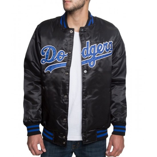 LA Dodgers Black Blue Patches Satin Jacket