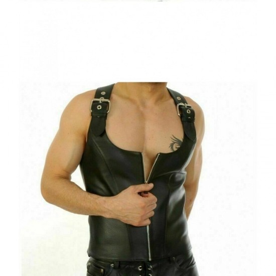 Leather Buckle Waistcoat Lace Up Style Zip Top Jacket Mens