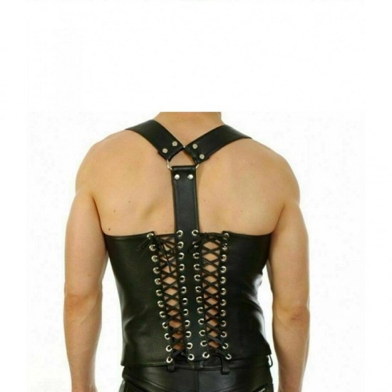 Leather Buckle Waistcoat Lace Up Style Zip Top Jacket Mens