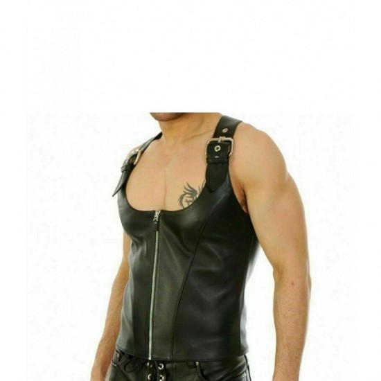 Leather Buckle Waistcoat Lace Up Style Zip Top Jacket Mens