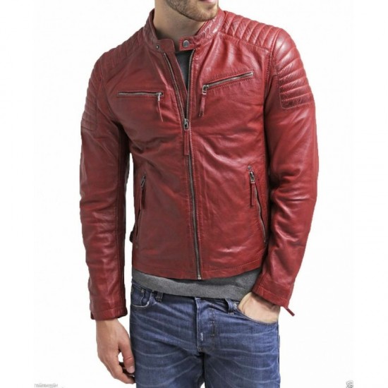 MJ Men's Genuine Lambskin Leather Jacket Red Slim Fit Biker Motorcycle Jacket MJ Men's Genuine Lambskin Leather Jacket Red Slim Fit Biker Motorcycle Jacket