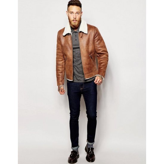 Men's Aviator Brown Leather Faux Shearling Jacket Men's Aviator Brown Leather Faux Shearling Jacket