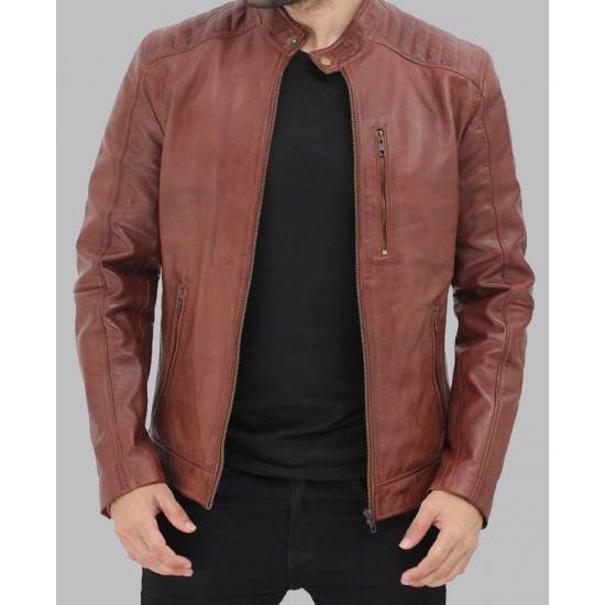 Men's Benjamin Cafe Racer Brown Leather Jacket Men's Benjamin Cafe Racer Brown Leather Jacket