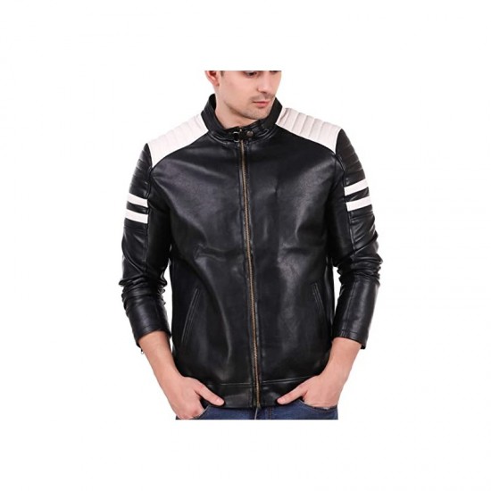 Men's Biker Leather Jacket White Stripes On Sleeves Men's Biker Leather Jacket White Stripes On Sleeves