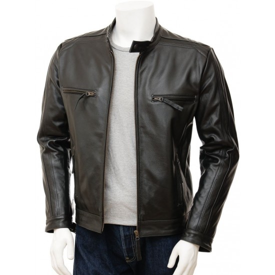 Men's Black Slimfit Stylish Classic Cafe Racer Tab Collar Leather Biker Jacket Men's Black Slimfit Stylish Classic Cafe Racer Tab Collar Leather Biker Jacket