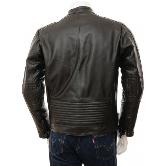 Men's Black Slimfit Stylish Classic Cafe Racer Tab Collar Leather Biker Jacket Men's Black Slimfit Stylish Classic Cafe Racer Tab Collar Leather Biker Jacket