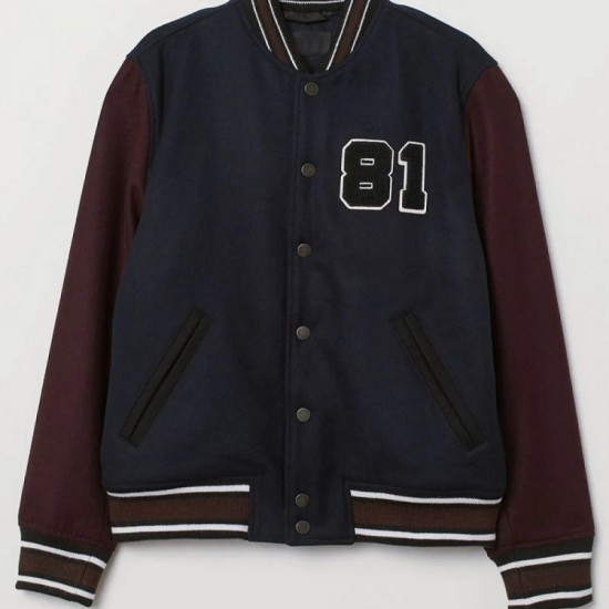 Men's Bomber Dark Blue and Burgundy Baseball 81 Jacket Men's Bomber Dark Blue and Burgundy Baseball 81 Jacket