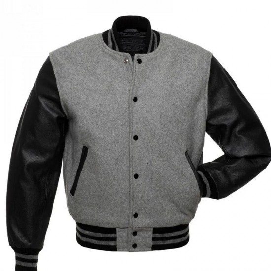 Men's Bomber Grey With Black Wool Varsity Jacket Men's Bomber Grey With Black Wool Varsity Jacket