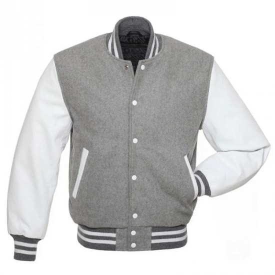 Men's Bomber Grey With White Wool Varsity Jacket Men's Bomber Grey With White Wool Varsity Jacket