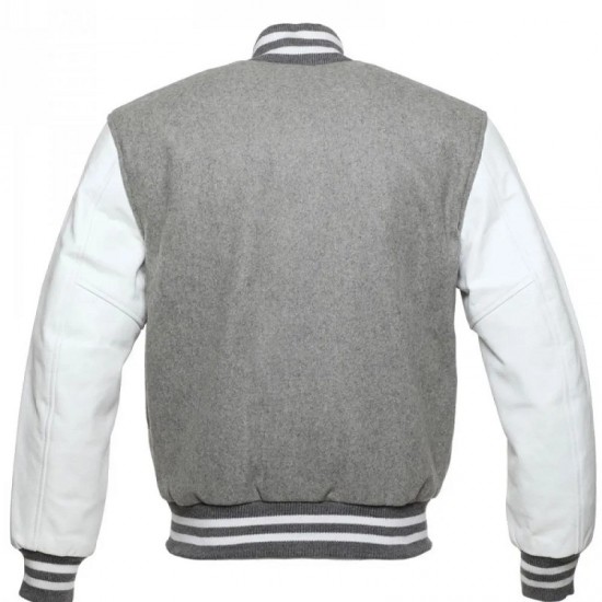 Men's Bomber Grey With White Wool Varsity Jacket Men's Bomber Grey With White Wool Varsity Jacket