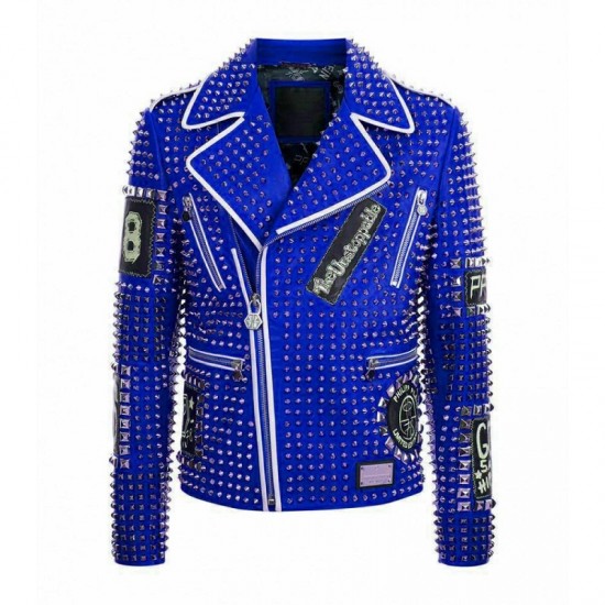 Men's Brando Studded Multi Embroidery Patches Punk Blue Leather Jacket Men's Brando Studded Multi Embroidery Patches Punk Blue Leather Jacket