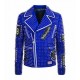 Men's Brando Studded Multi Embroidery Patches Punk Blue Leather Jacket Men's Brando Studded Multi Embroidery Patches Punk Blue Leather Jacket
