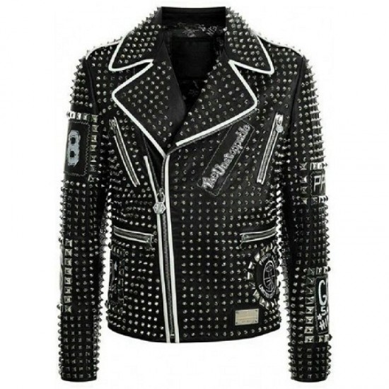 Men's Brando Studded Multi Embroidery Patches Punk Blue Leather Jacket Men's Brando Studded Multi Embroidery Patches Punk Blue Leather Jacket