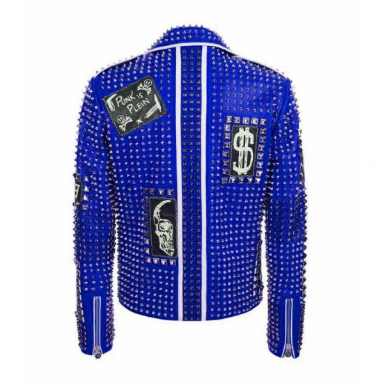 Men's Brando Studded Multi Embroidery Patches Punk Blue Leather Jacket Men's Brando Studded Multi Embroidery Patches Punk Blue Leather Jacket