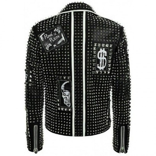 Men's Brando Studded Multi Embroidery Patches Punk Blue Leather Jacket Men's Brando Studded Multi Embroidery Patches Punk Blue Leather Jacket