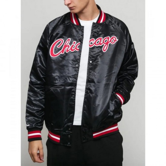 Men's Bulls Black Satin Bomber Jacket Men's Bulls Black Satin Bomber Jacket