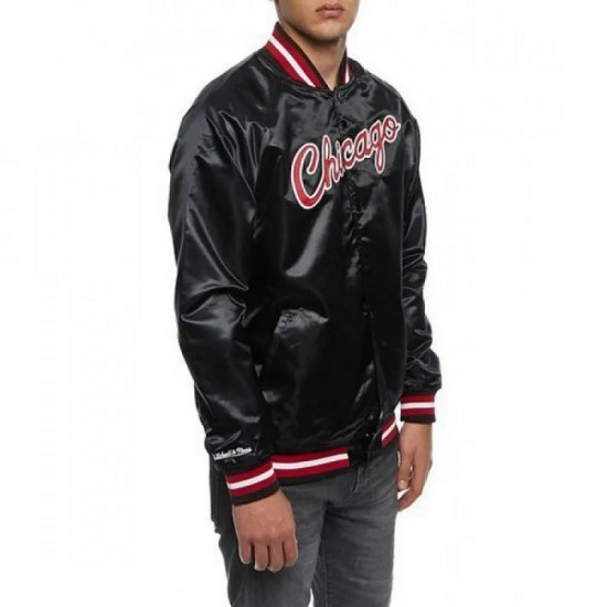 Men's Bulls Black Satin Bomber Jacket Men's Bulls Black Satin Bomber Jacket