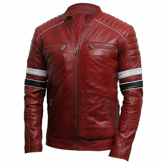 Men's Burgundy Biker Slim Fit Genuine Motorcycle Cafe Racer Leather Jacket Men's Burgundy Biker Slim Fit Genuine Motorcycle Cafe Racer Leather Jacket