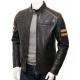 Men's Cafe Racer Striped Four Pockets Leather Biker Jacket