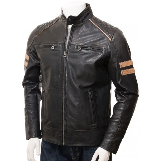Men's Cafe Racer Striped Four Pockets Leather Biker Jacket Men's Cafe Racer Striped Four Pockets Leather Biker Jacket