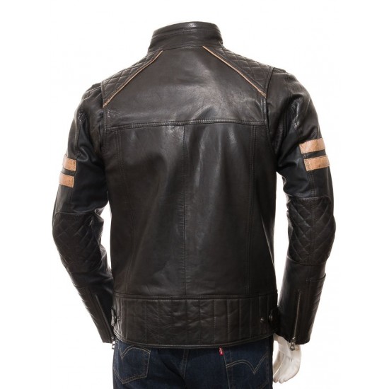 Men's Cafe Racer Striped Four Pockets Leather Biker Jacket Men's Cafe Racer Striped Four Pockets Leather Biker Jacket