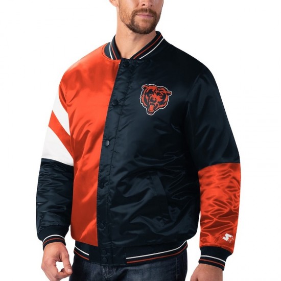 Men's Chicago Bears Starter Navy and Orange Leader Varsity Jacket Men's Chicago Bears Starter Navy and Orange Leader Varsity Jacket