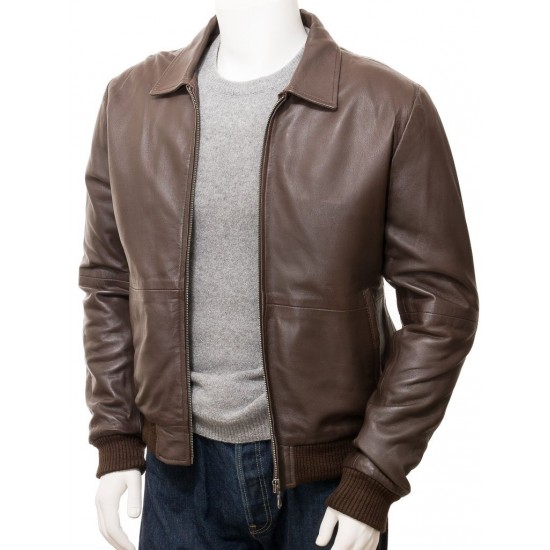 Men's Classic Shirt Collar Leather Bomber Jacket Men's Classic Shirt Collar Leather Bomber Jacket